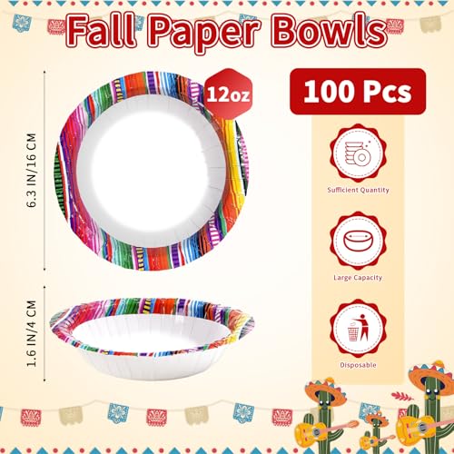 100 Pack Mexican Stripes Paper Bowls - Grencian