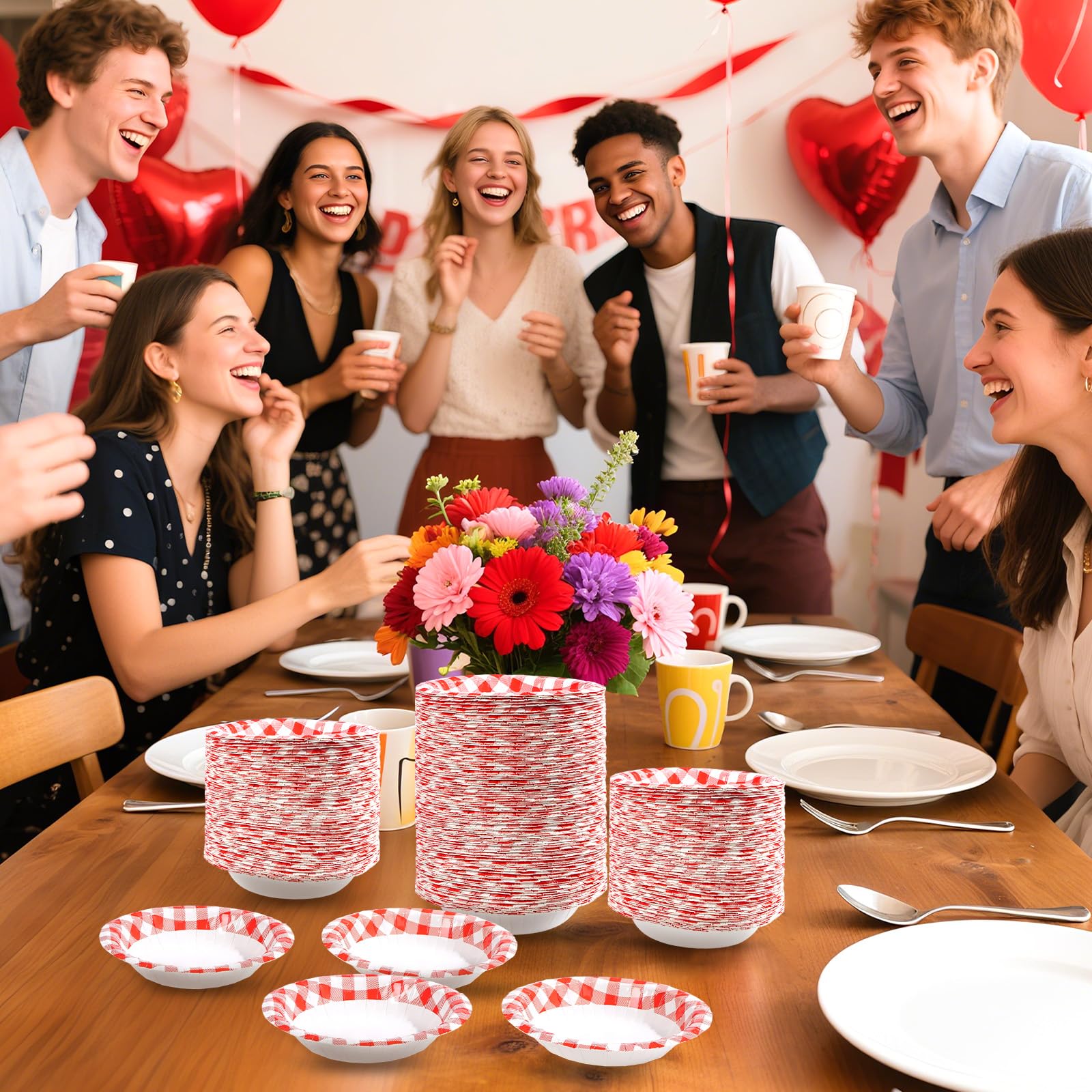 100 Pack Red Gingham Paper Bowls - Grencian