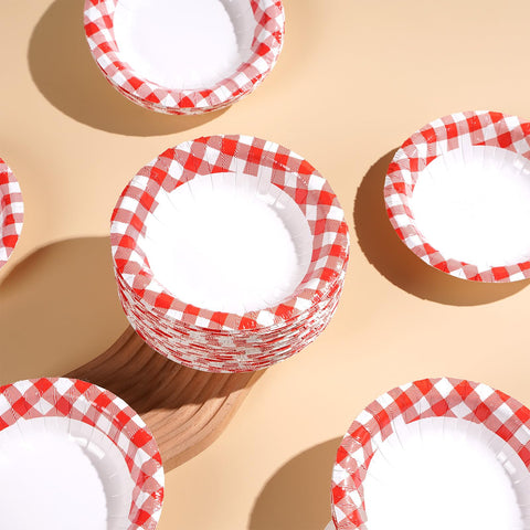 100 Pack Red Gingham Paper Bowls - Grencian