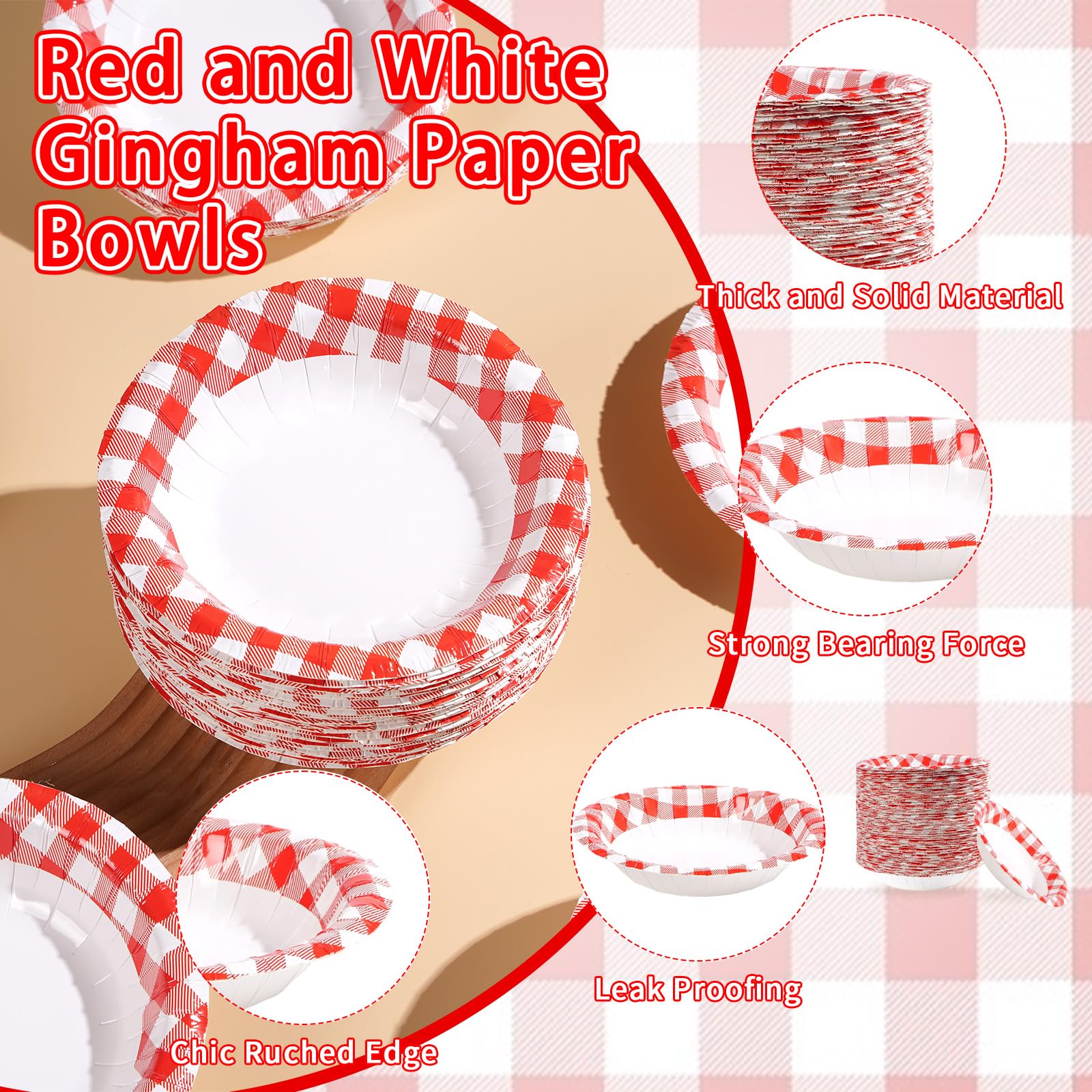 100 Pack Red Gingham Paper Bowls - Grencian