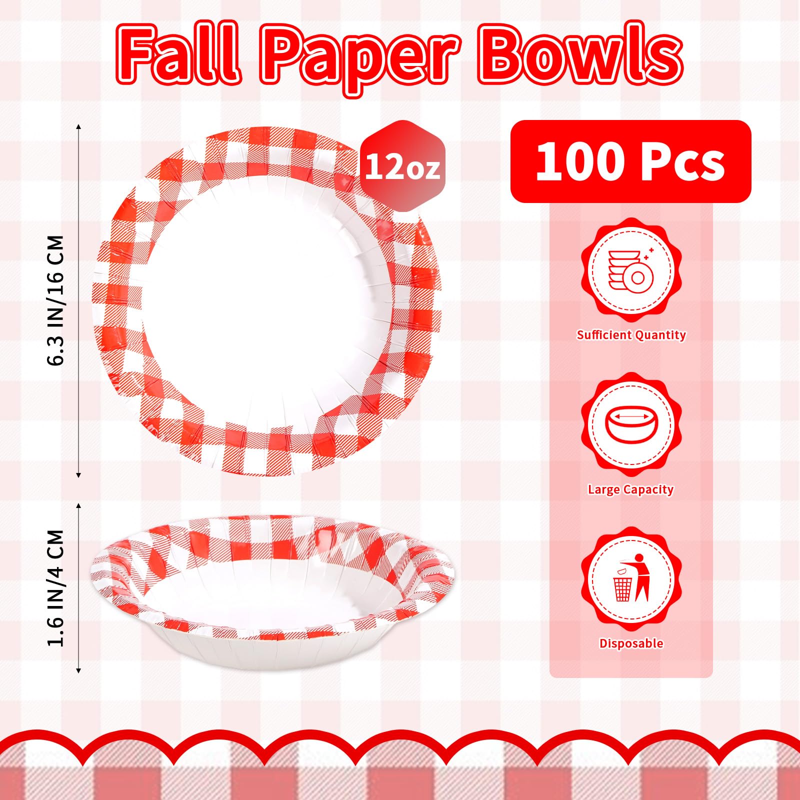 100 Pack Red Gingham Paper Bowls - Grencian