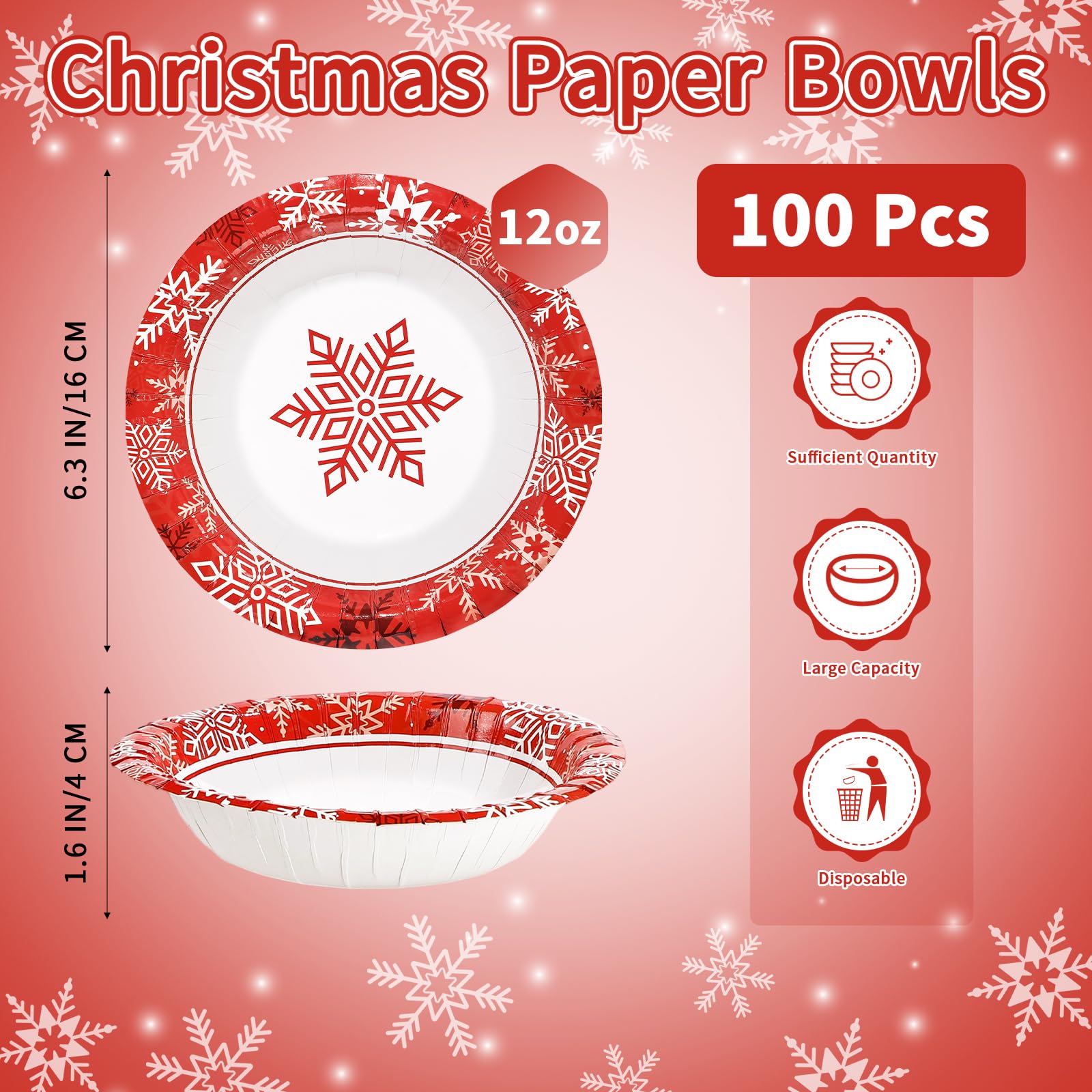 100 Pack Red Gold Snowflake Paper Bowls - Grencian