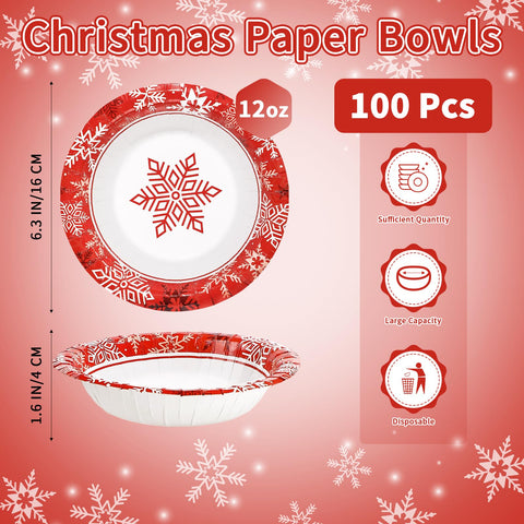 100 Pack Red Gold Snowflake Paper Bowls - Grencian