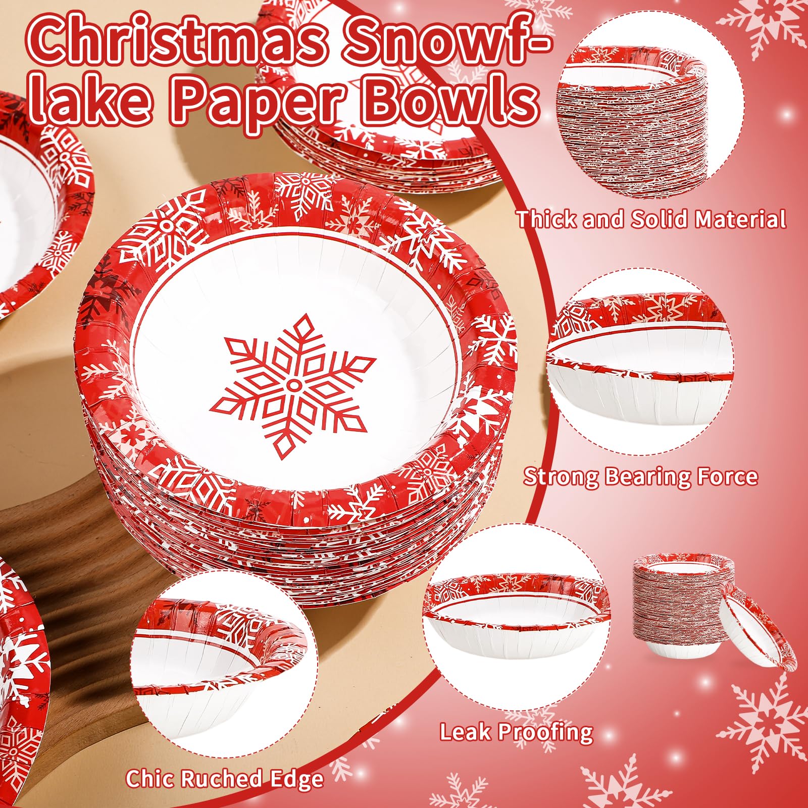 100 Pack Red Gold Snowflake Paper Bowls - Grencian