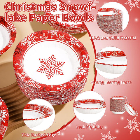 100 Pack Red Gold Snowflake Paper Bowls - Grencian