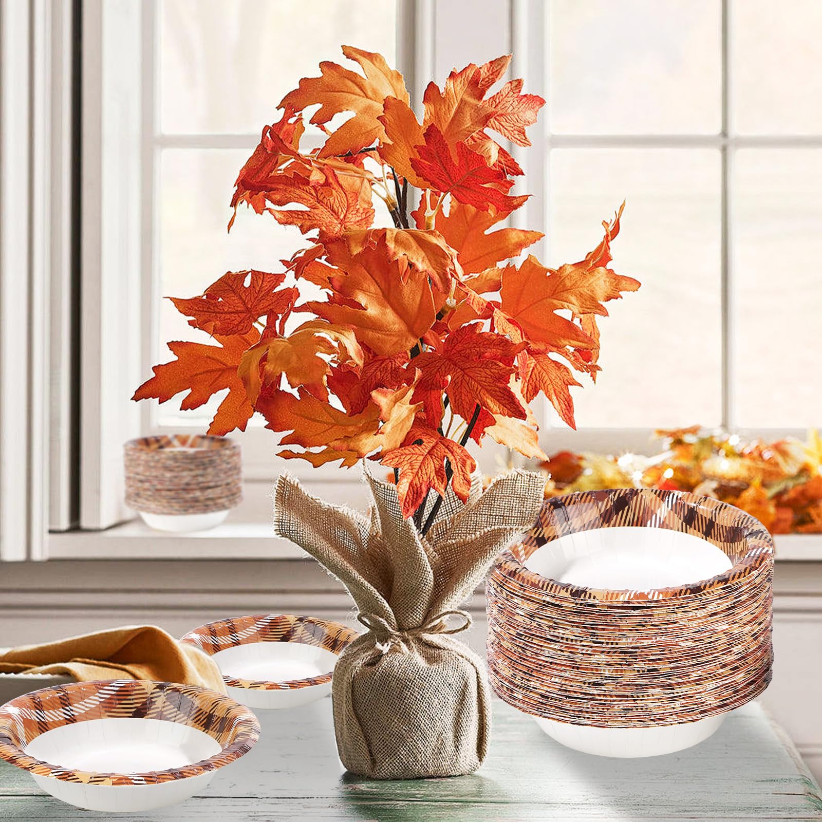 100 Pack Thanksgiving Orange Gingham Paper Bowls - Grencian