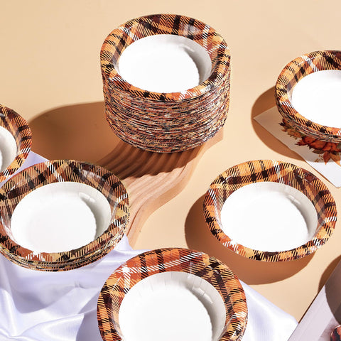 100 Pack Thanksgiving Orange Gingham Paper Bowls - Grencian