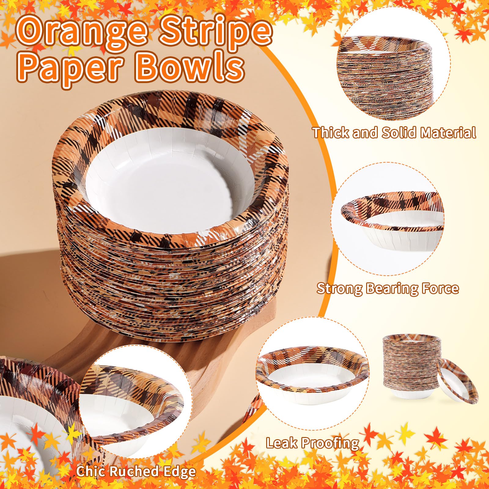 100 Pack Thanksgiving Orange Gingham Paper Bowls - Grencian