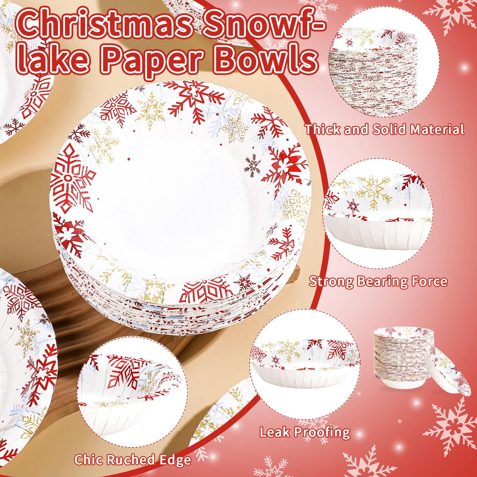 100 Pack White Red Snowflake Paper Bowls - Grencian
