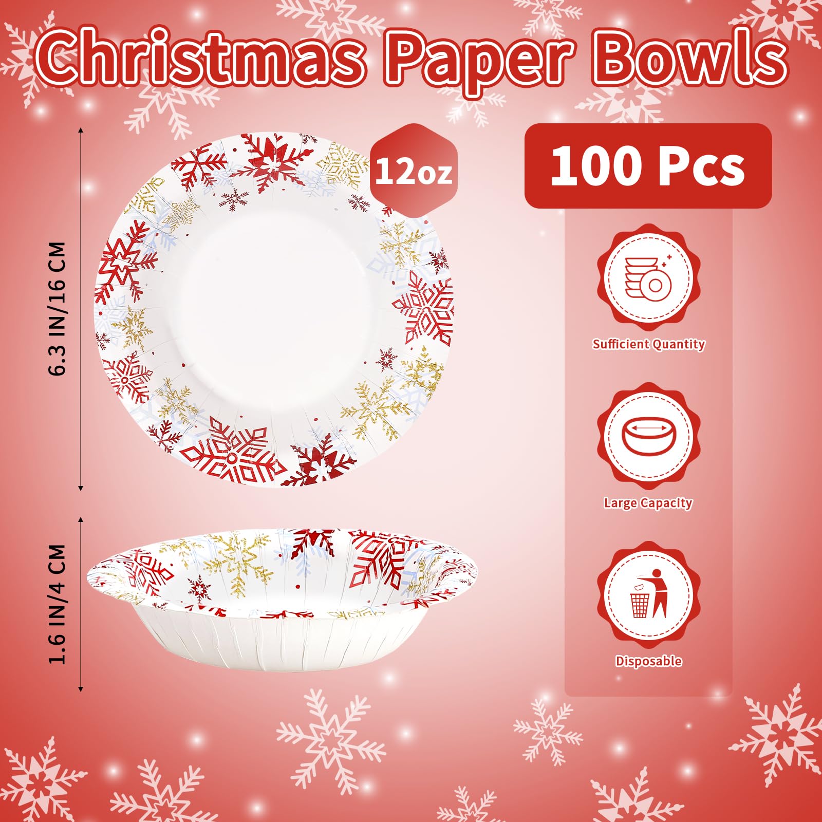 100 Pack White Red Snowflake Paper Bowls - Grencian