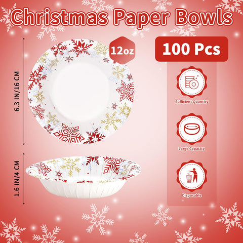 100 Pack White Red Snowflake Paper Bowls - Grencian