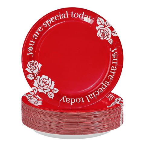 100 Pcs 10-inch Red Rose Party Paper Plates - Grencian