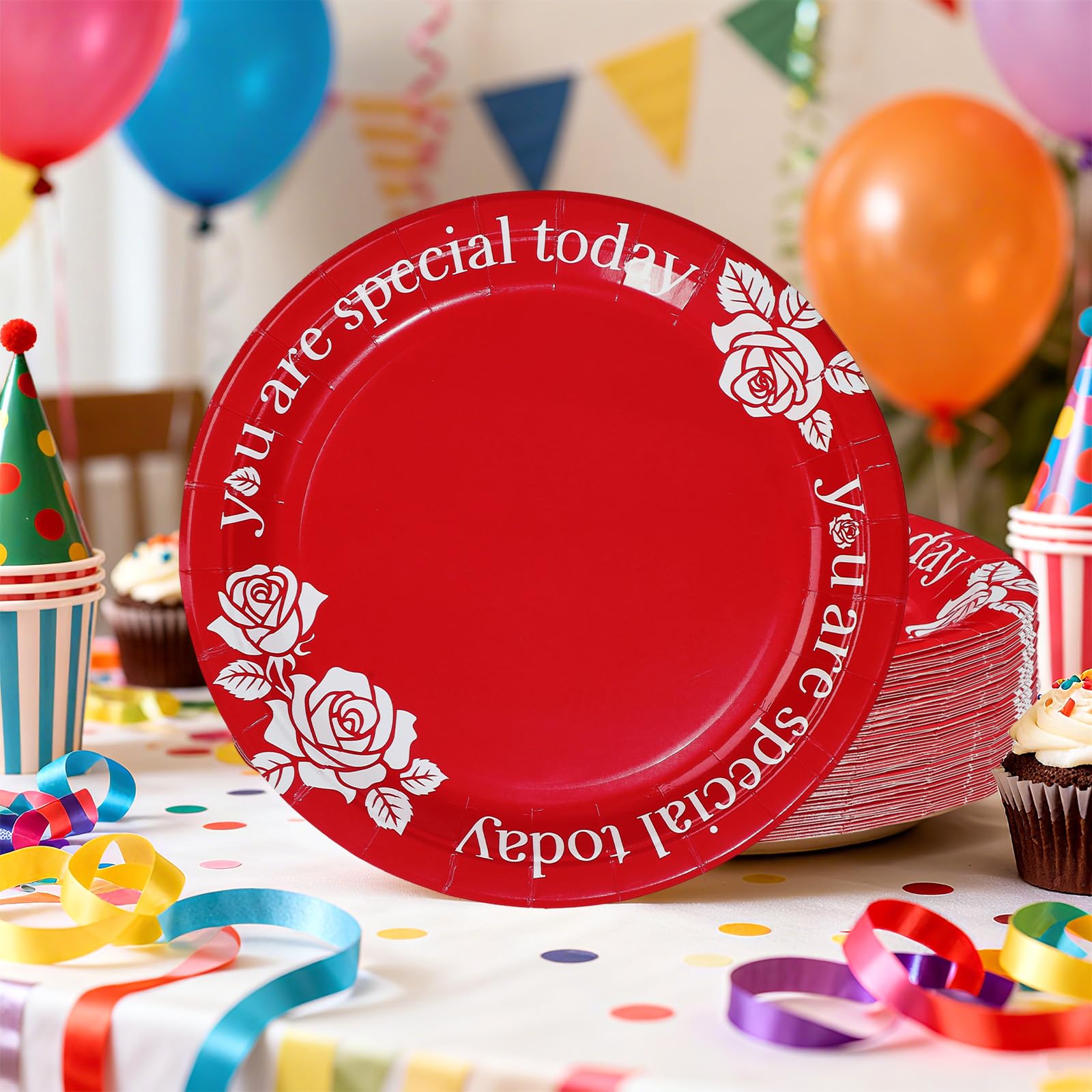 100 Pcs 10-inch Red Rose Party Paper Plates - Grencian