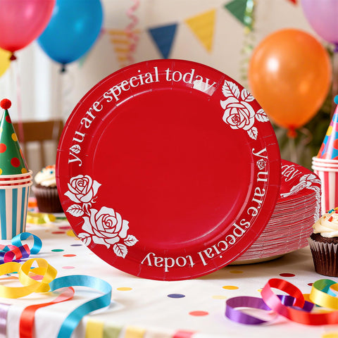 100 Pcs 10-inch Red Rose Party Paper Plates - Grencian