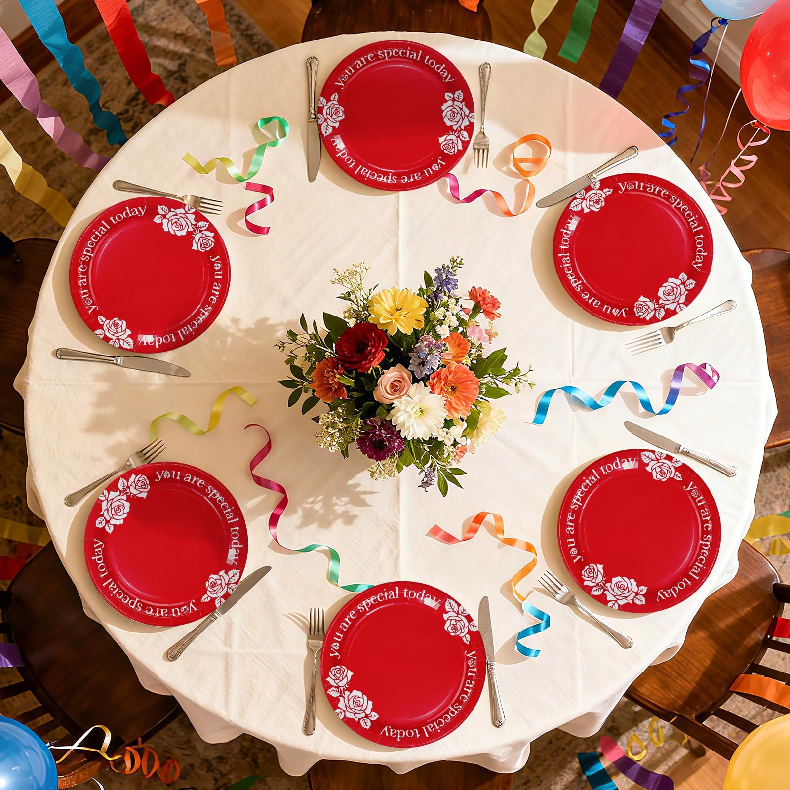100 Pcs 10-inch Red Rose Party Paper Plates - Grencian