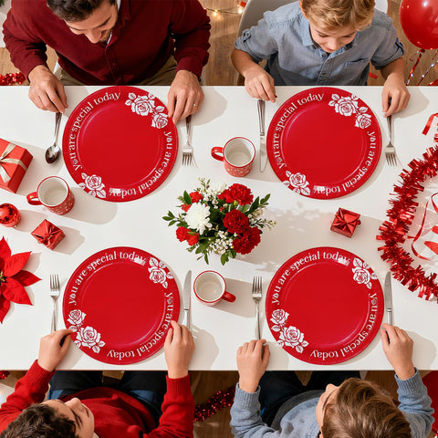 100 Pcs 10-inch Red Rose Party Paper Plates - Grencian
