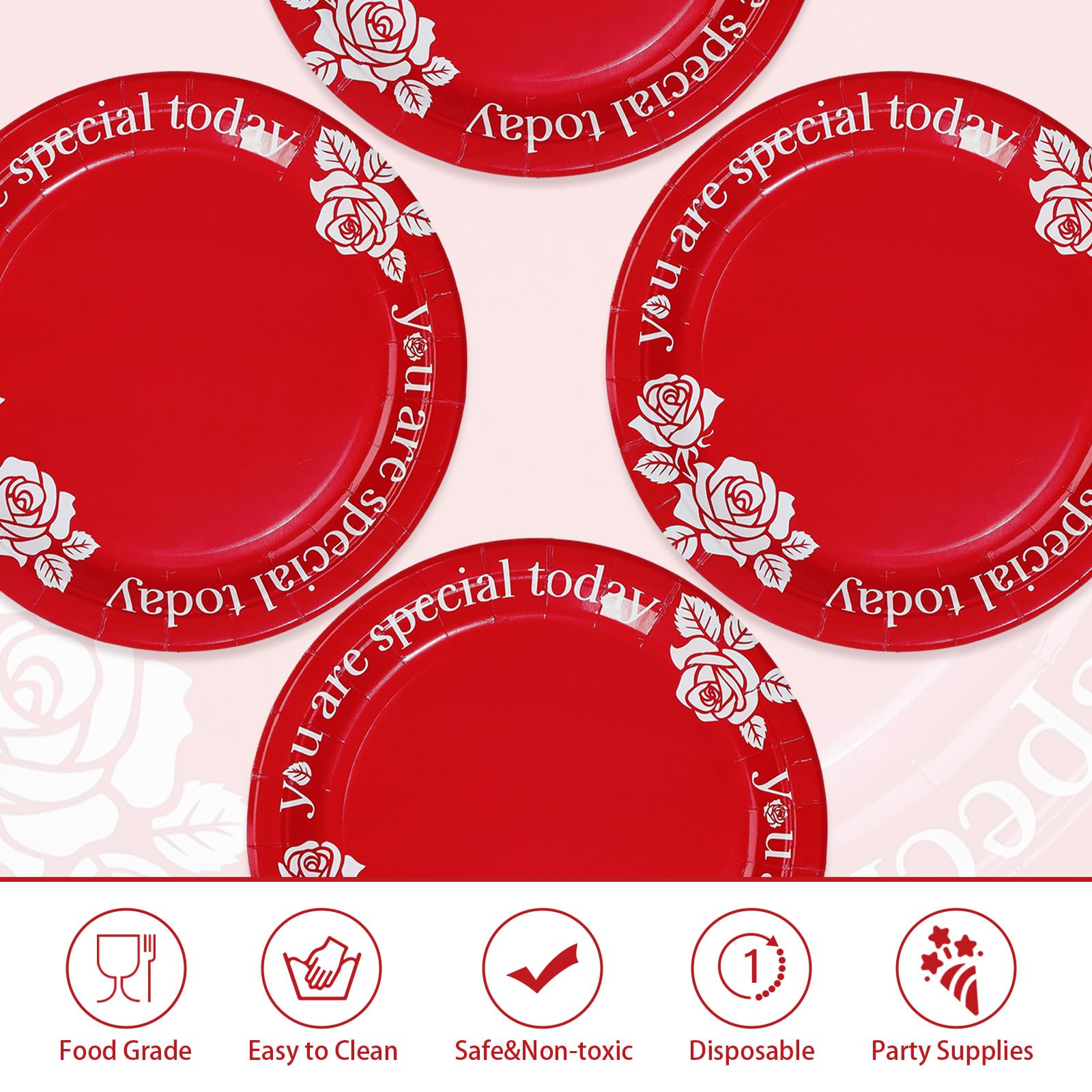 100 Pcs 10-inch Red Rose Party Paper Plates - Grencian