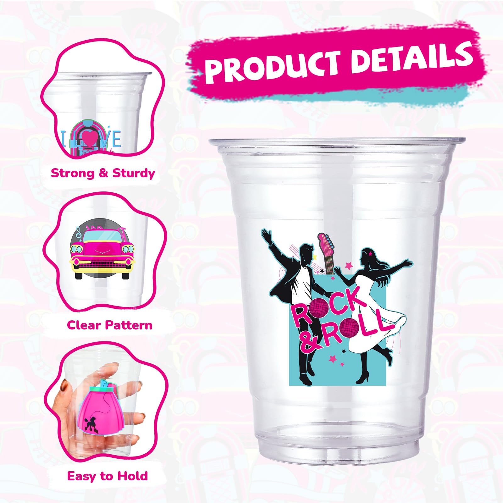 100 Pcs 16 oz 1950s Plastic Cups - Grencian