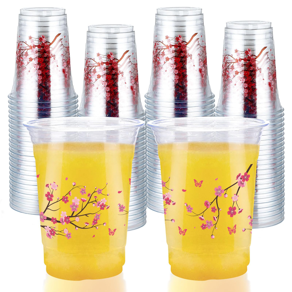 100 Pcs 16 oz Cherry Blossom Plastic Cups - Grencian