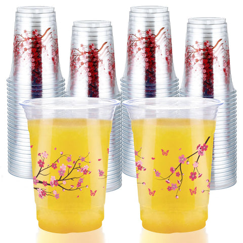 100 Pcs 16 oz Cherry Blossom Plastic Cups - Grencian