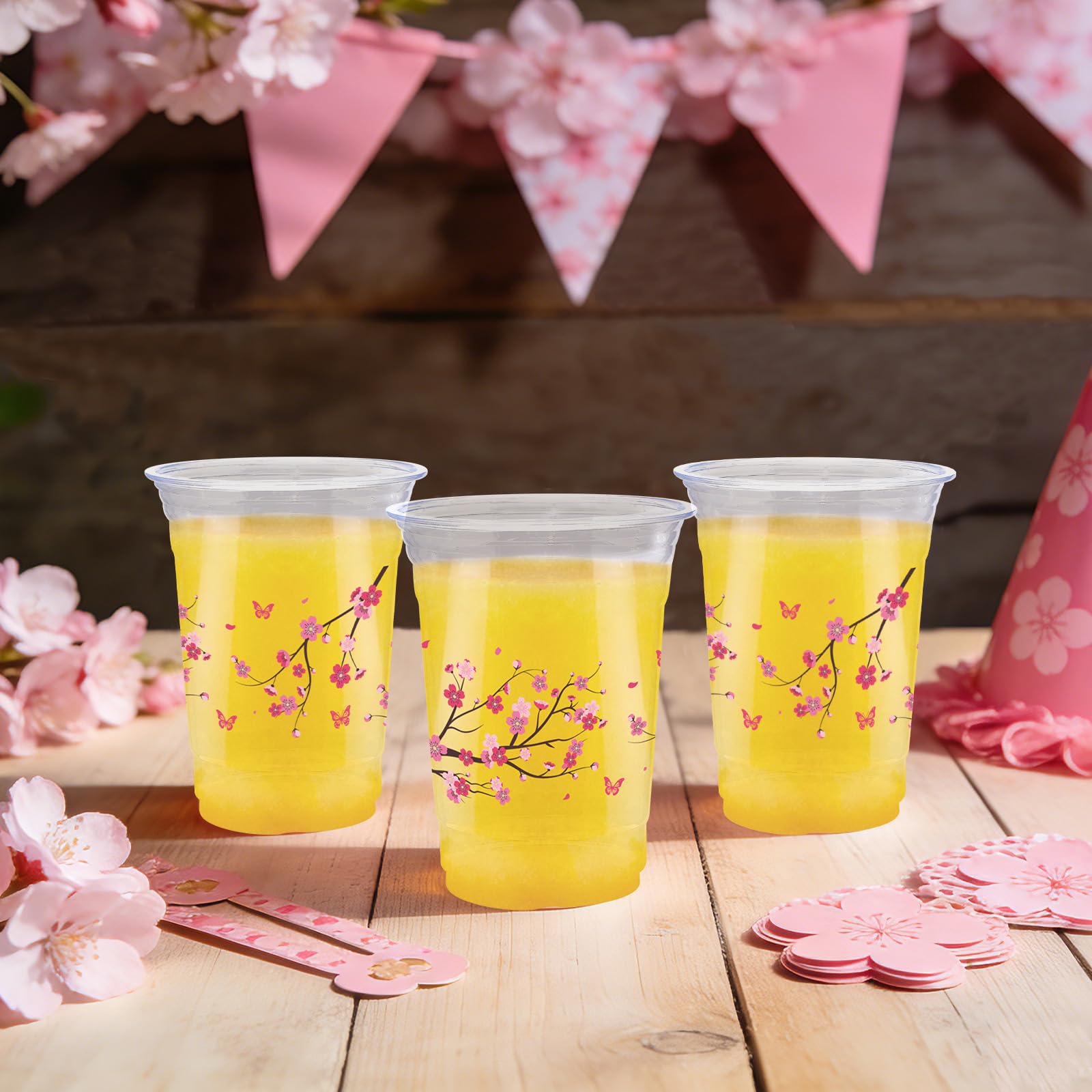 100 Pcs 16 oz Cherry Blossom Plastic Cups - Grencian