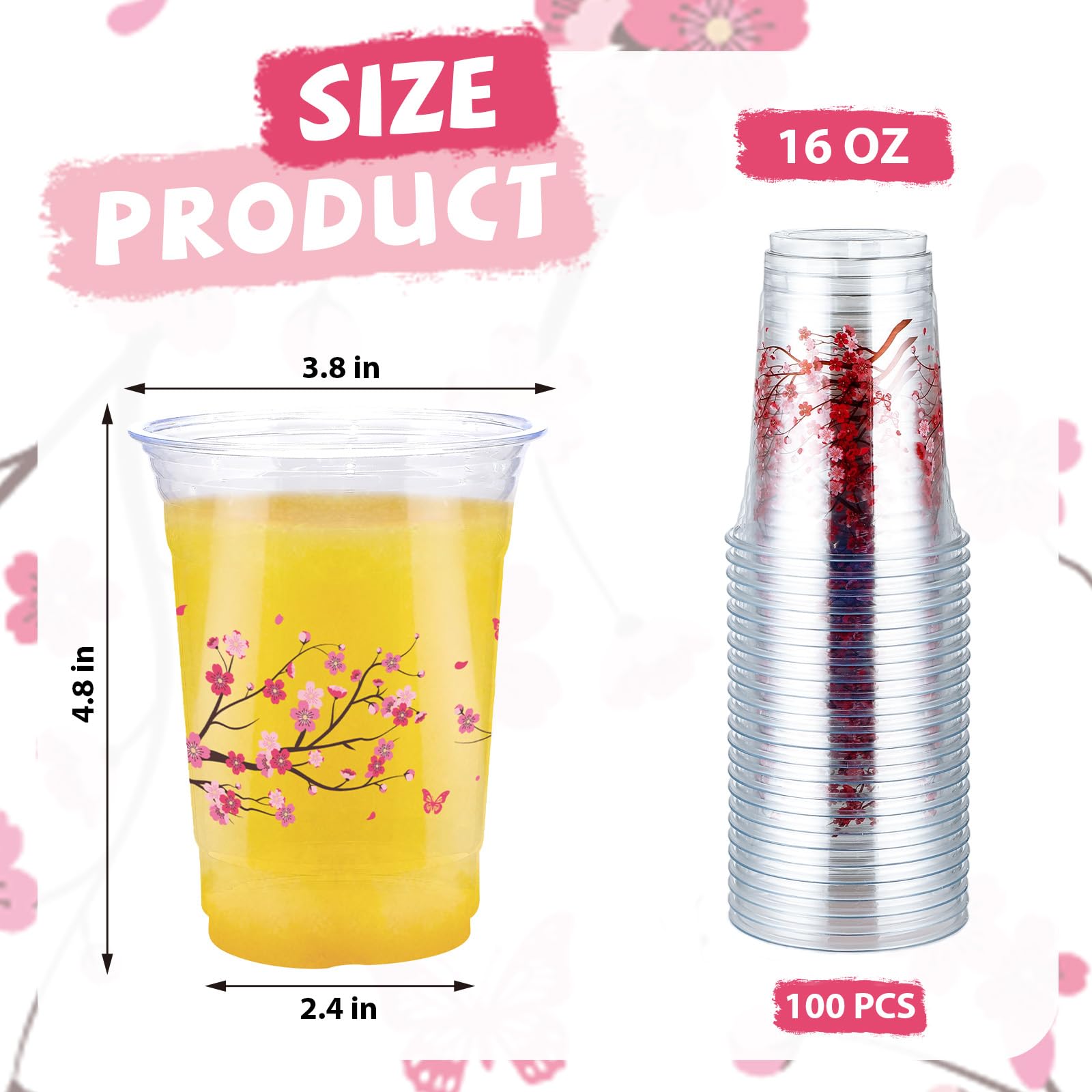 100 Pcs 16 oz Cherry Blossom Plastic Cups - Grencian