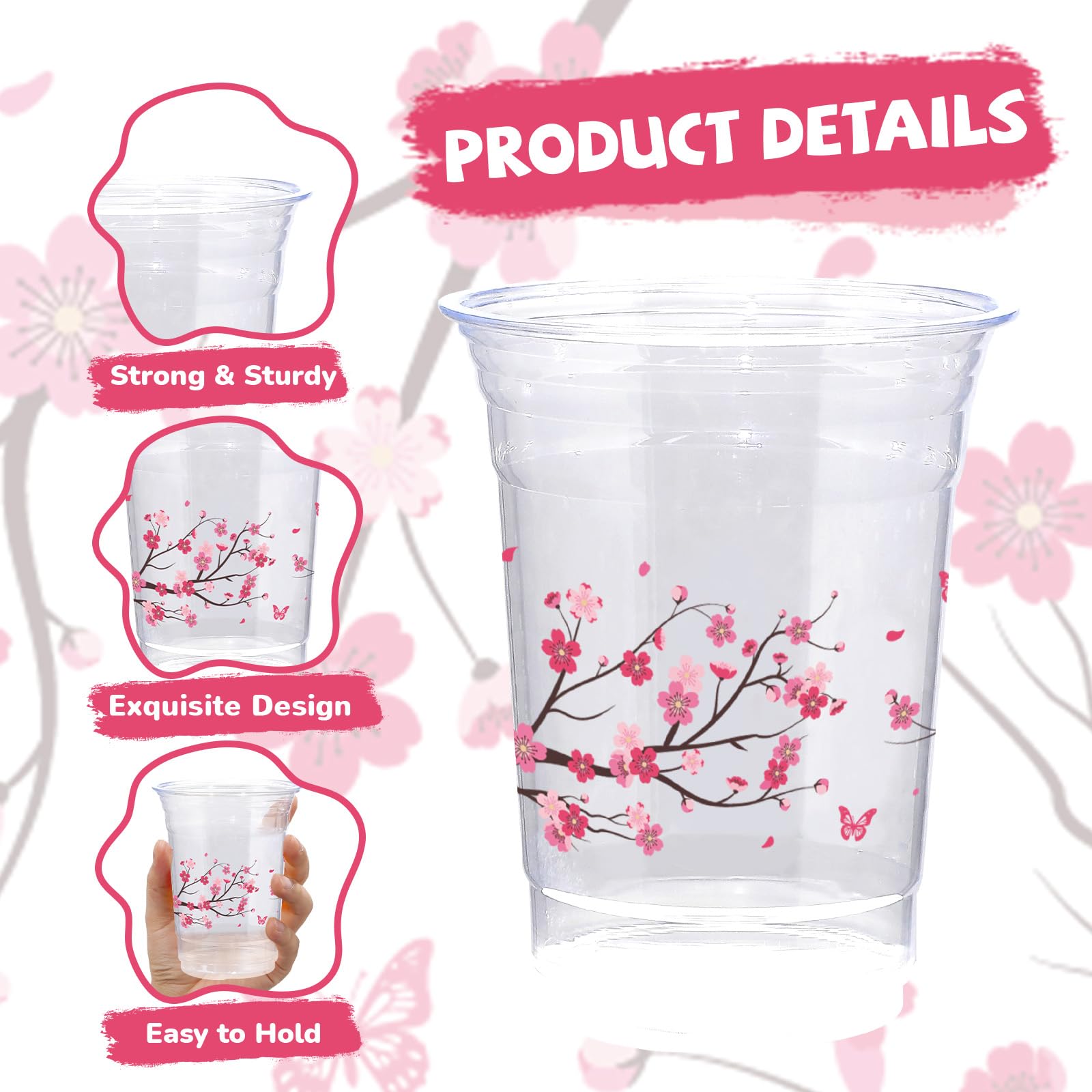 100 Pcs 16 oz Cherry Blossom Plastic Cups - Grencian