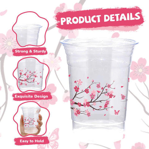 100 Pcs 16 oz Cherry Blossom Plastic Cups - Grencian