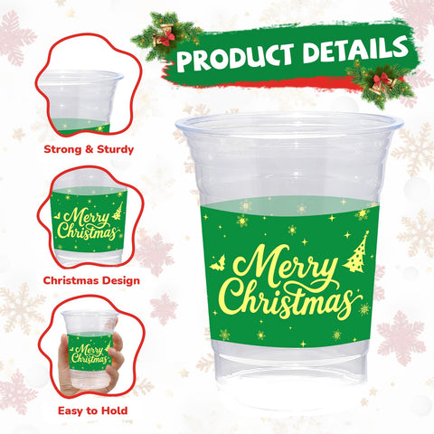 100 Pcs 16 oz Christmas Gold Words Plastic Cups - Grencian