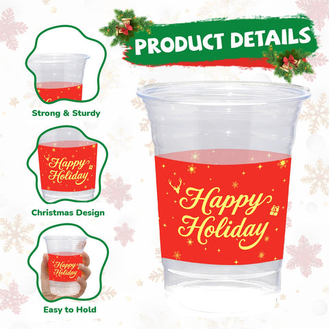 100 Pcs 16 oz Christmas Gold Words Plastic Cups - Grencian
