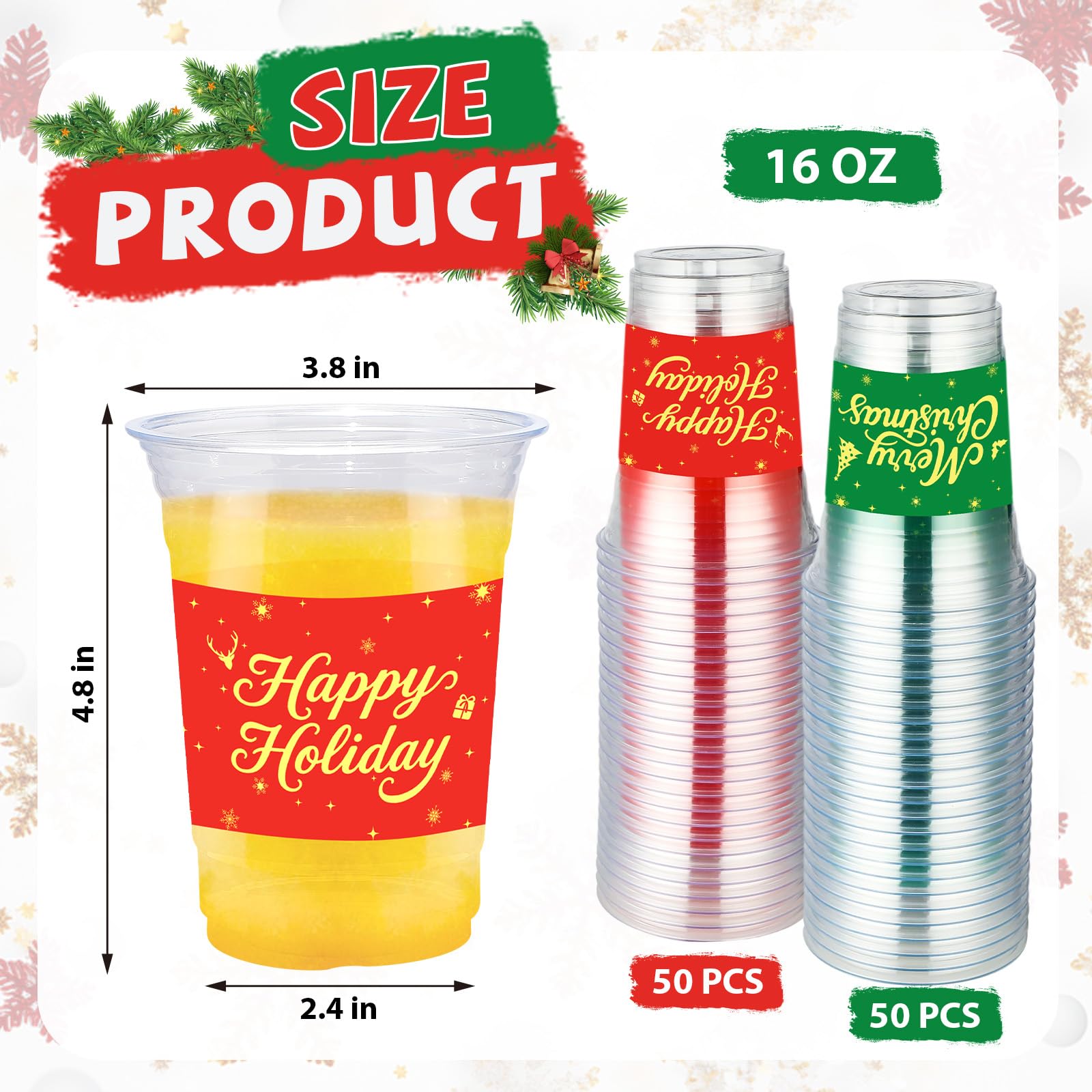 100 Pcs 16 oz Christmas Gold Words Plastic Cups - Grencian