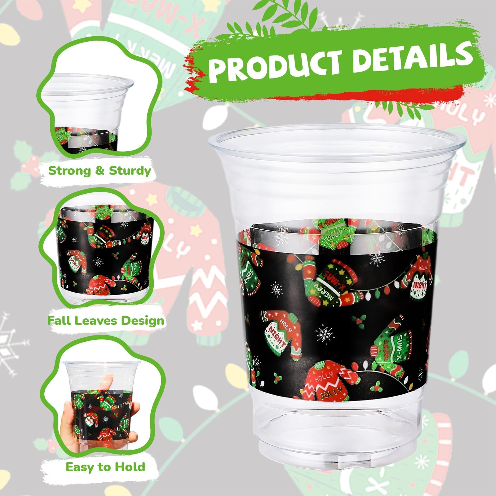 100 Pcs 16 oz Christmas Sweater Plastic Cups - Grencian