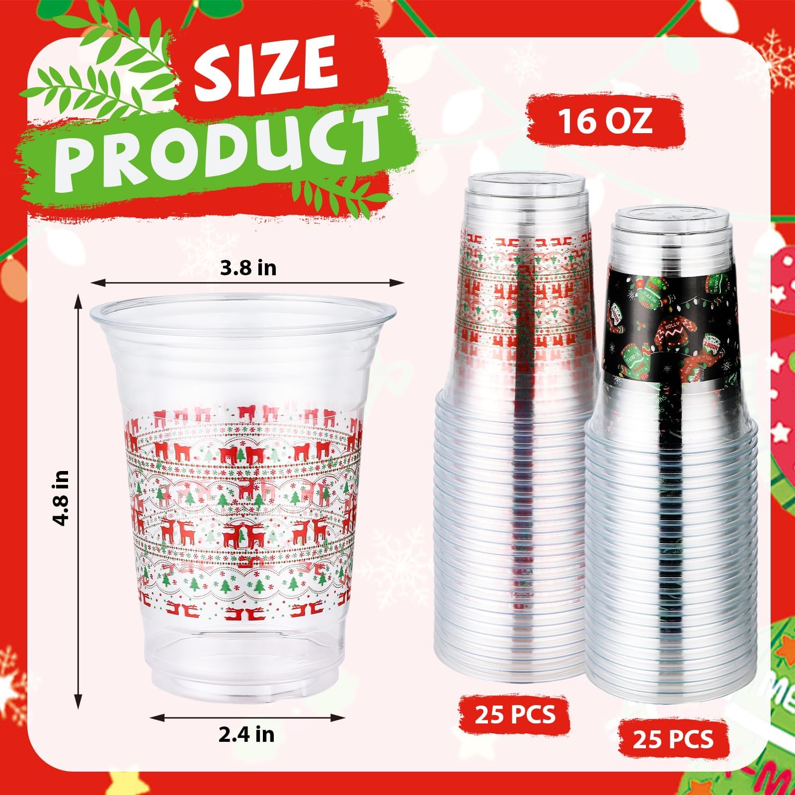 100 Pcs 16 oz Christmas Sweater Plastic Cups - Grencian