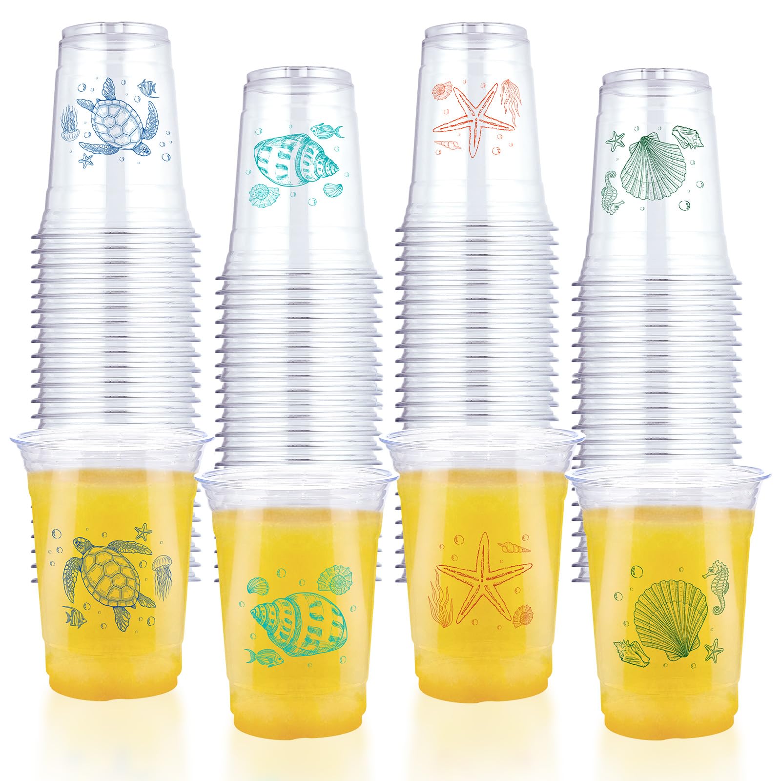 100 Pcs 16 oz Coastal Turtle Plastic Cups - Grencian