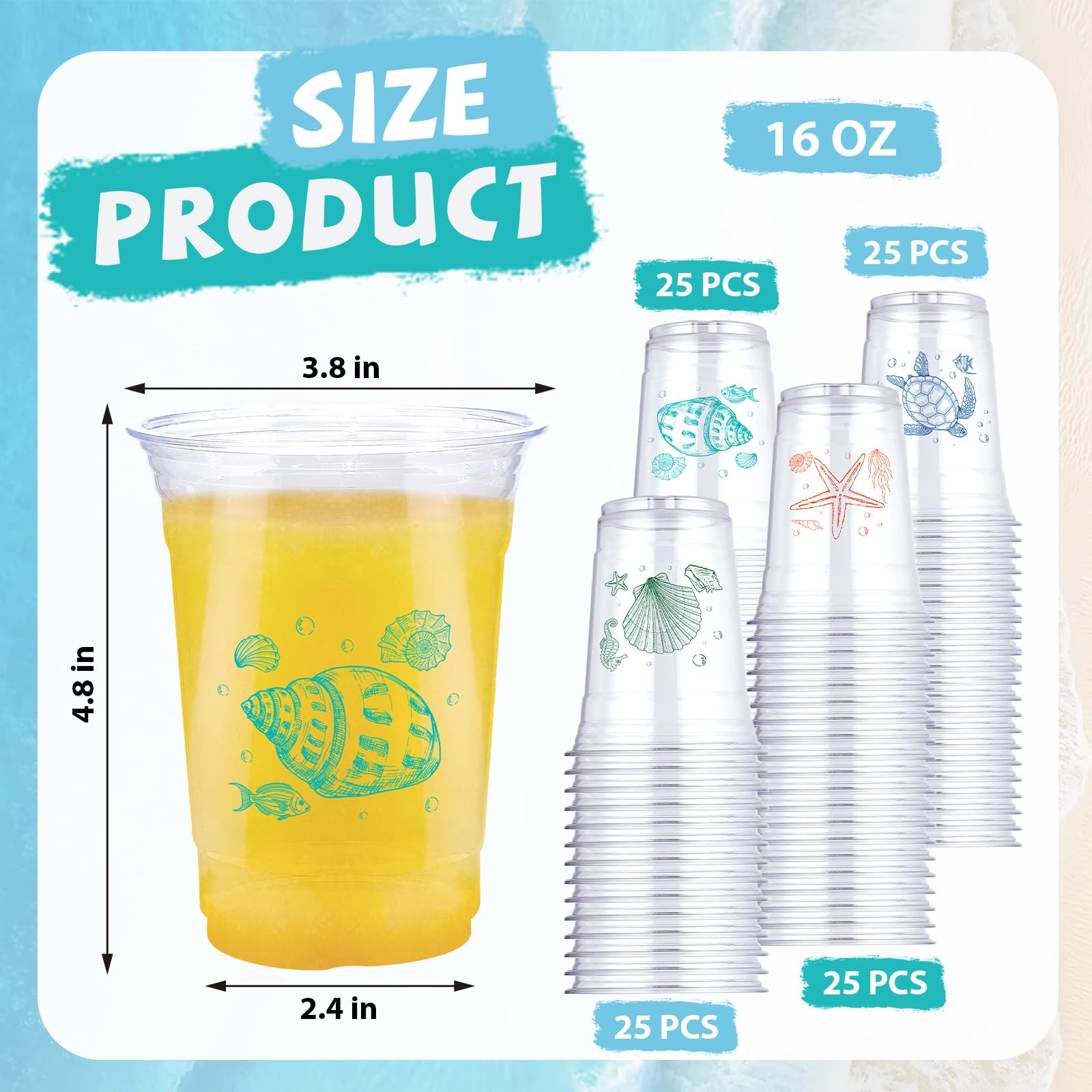 100 Pcs 16 oz Coastal Turtle Plastic Cups - Grencian