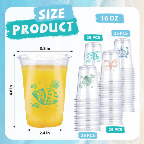 100 Pcs 16 oz Coastal Turtle Plastic Cups - Grencian