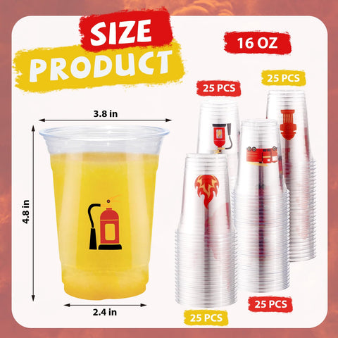 100 Pcs 16 oz Fire Truck Plastic Cups