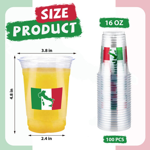 100 Pcs 16 oz Italian Flag Plastic Cups