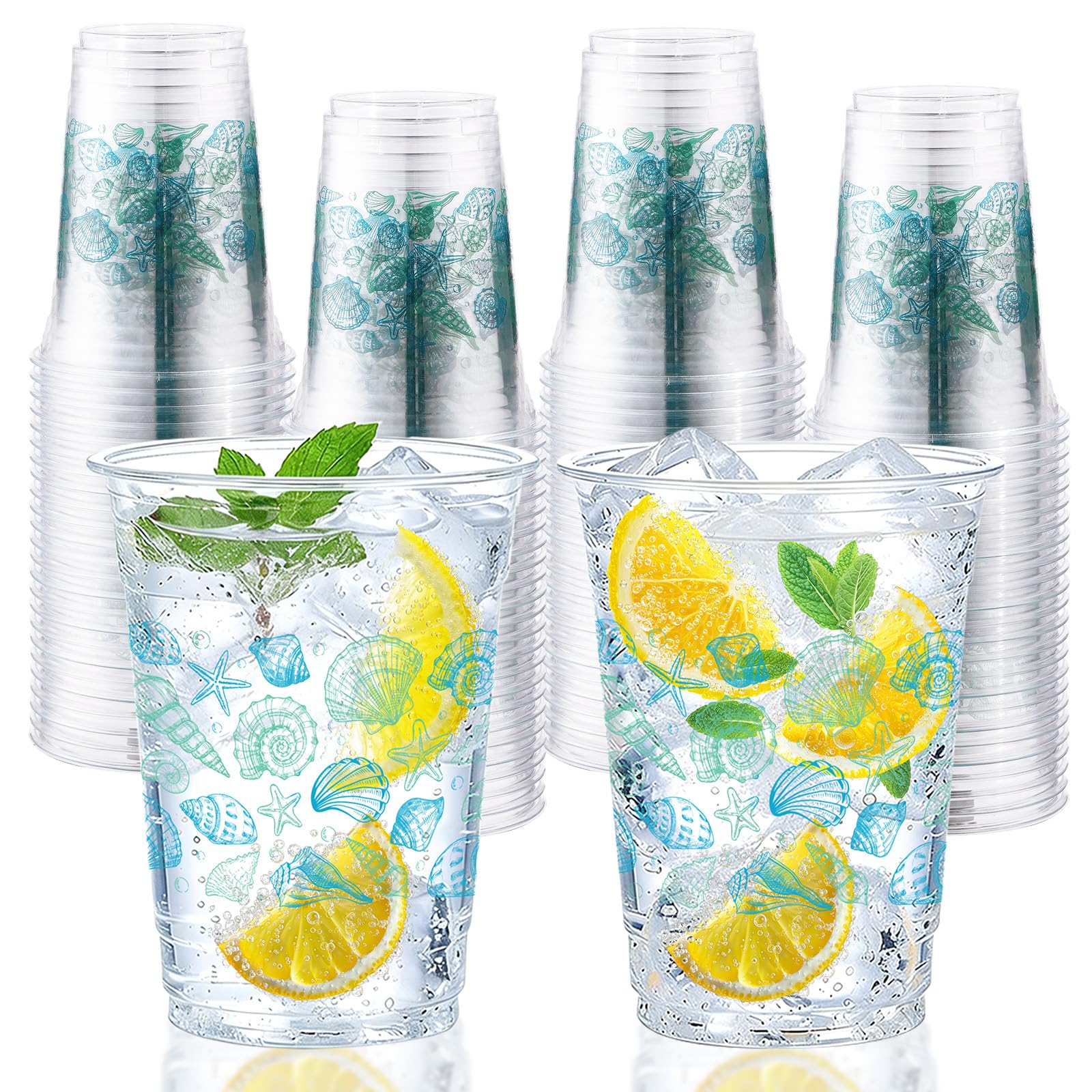 100 Pcs 16 oz Seashell Coastal Plastic Cups - Grencian