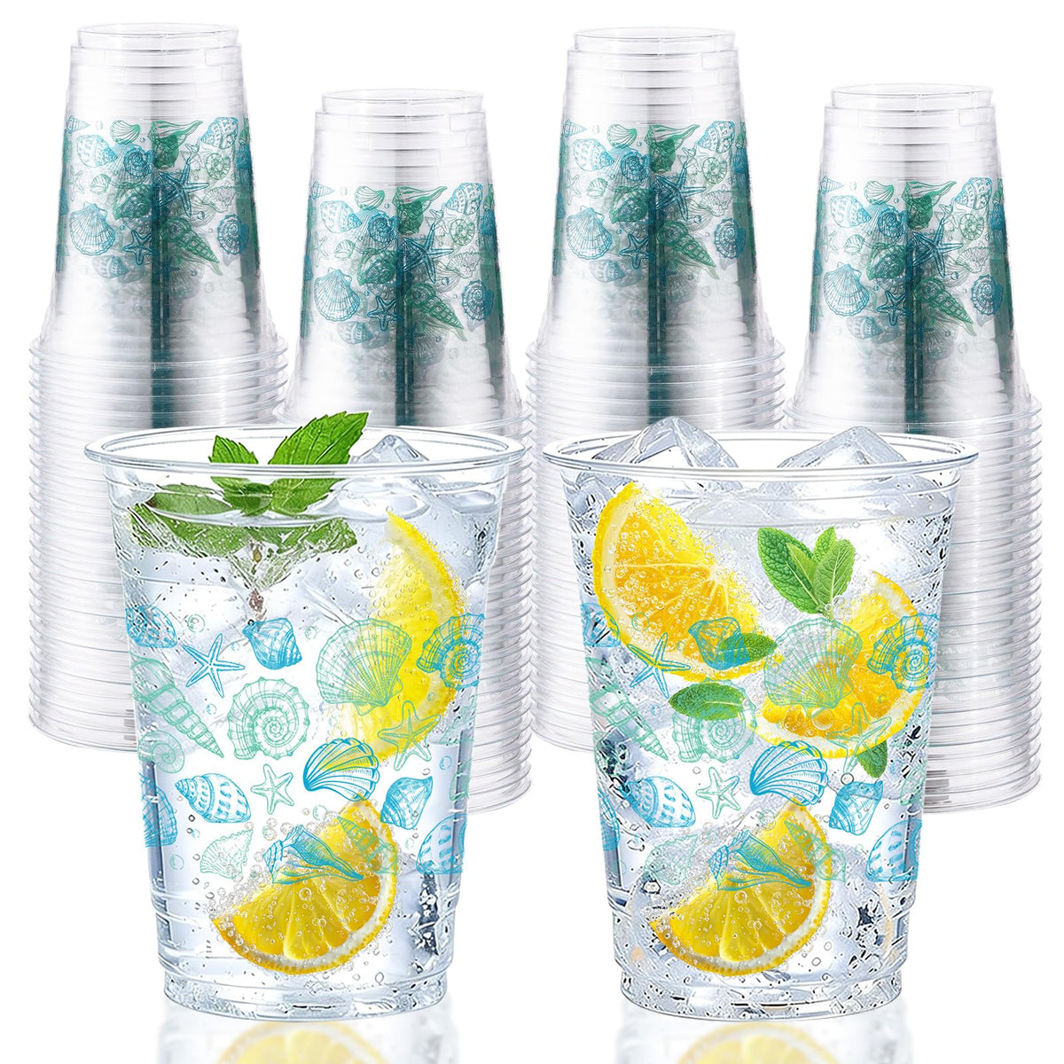 100 Pcs 16 oz Seashell Coastal Plastic Cups - Grencian