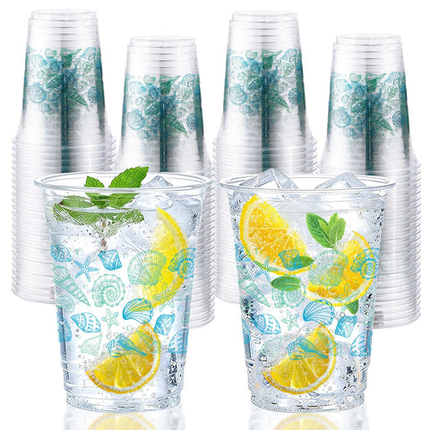 100 Pcs 16 oz Seashell Coastal Plastic Cups - Grencian