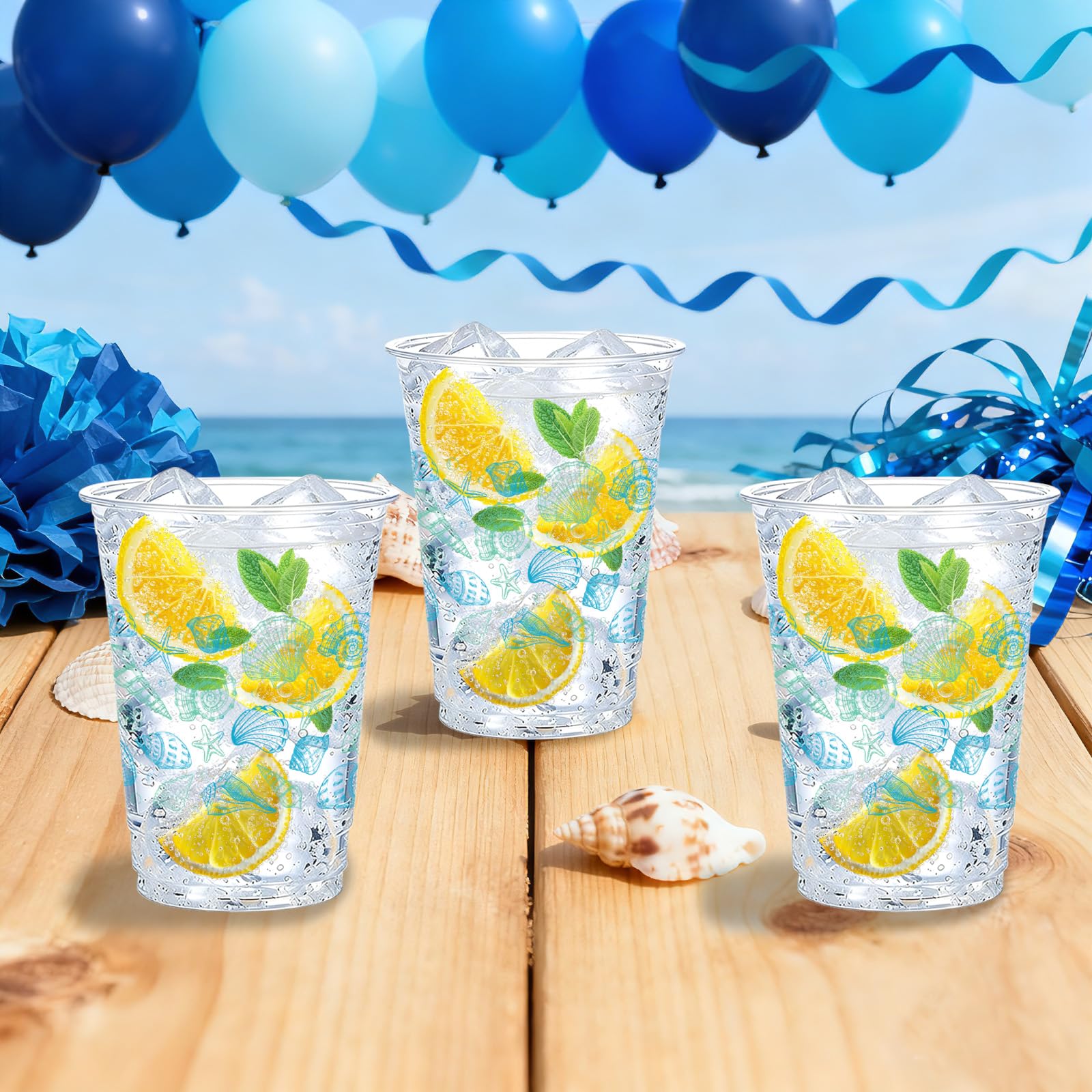 100 Pcs 16 oz Seashell Coastal Plastic Cups - Grencian