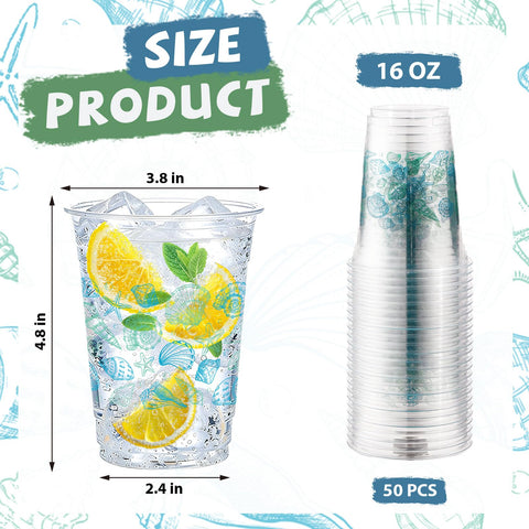 100 Pcs 16 oz Seashell Coastal Plastic Cups - Grencian