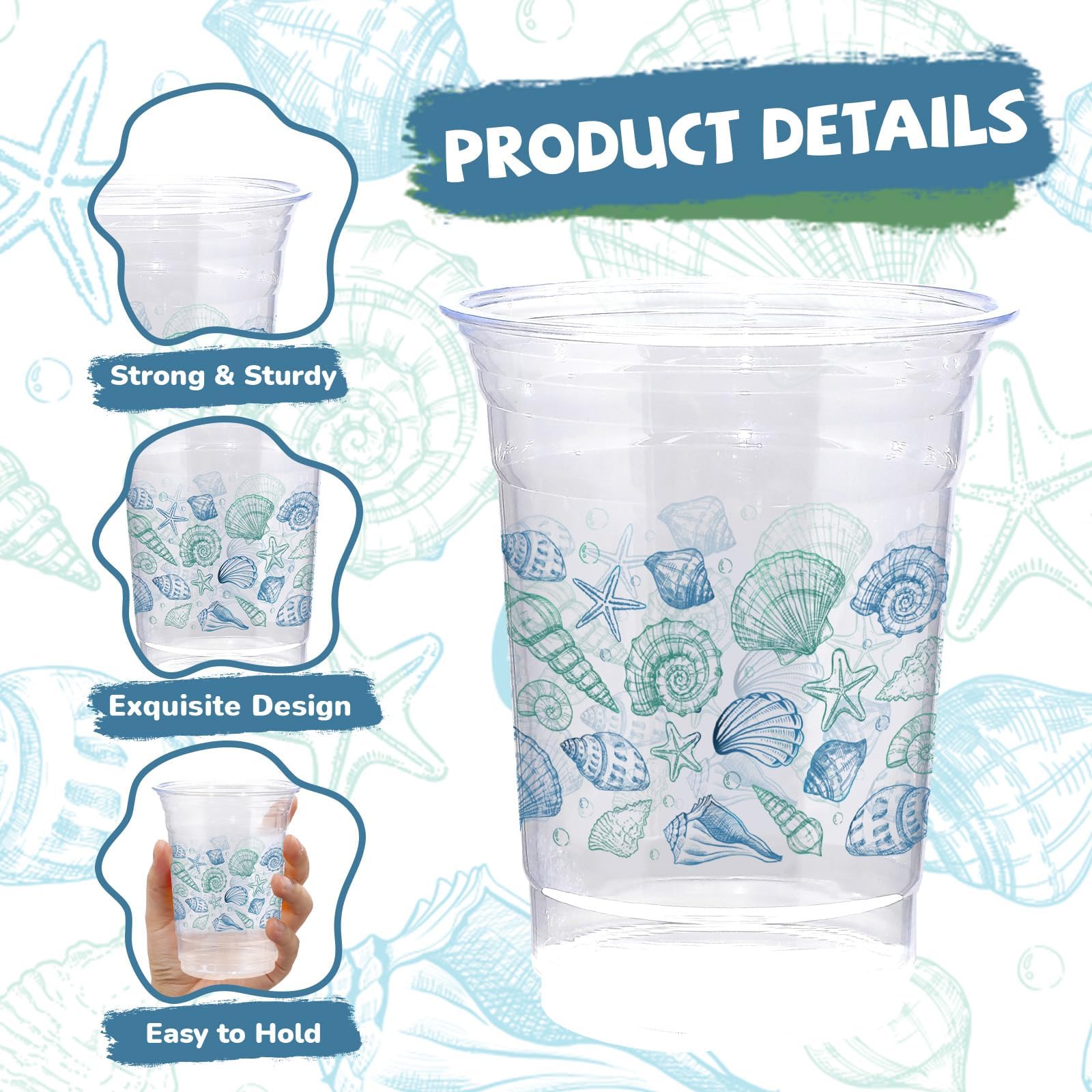100 Pcs 16 oz Seashell Coastal Plastic Cups - Grencian