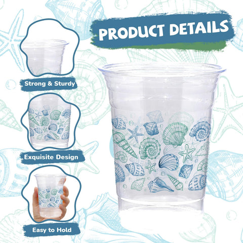 100 Pcs 16 oz Seashell Coastal Plastic Cups - Grencian
