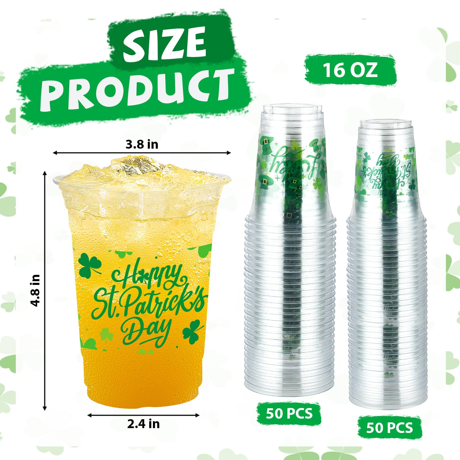 100 Pcs 16 oz St Patrick's Day Plastic Cups - Grencian