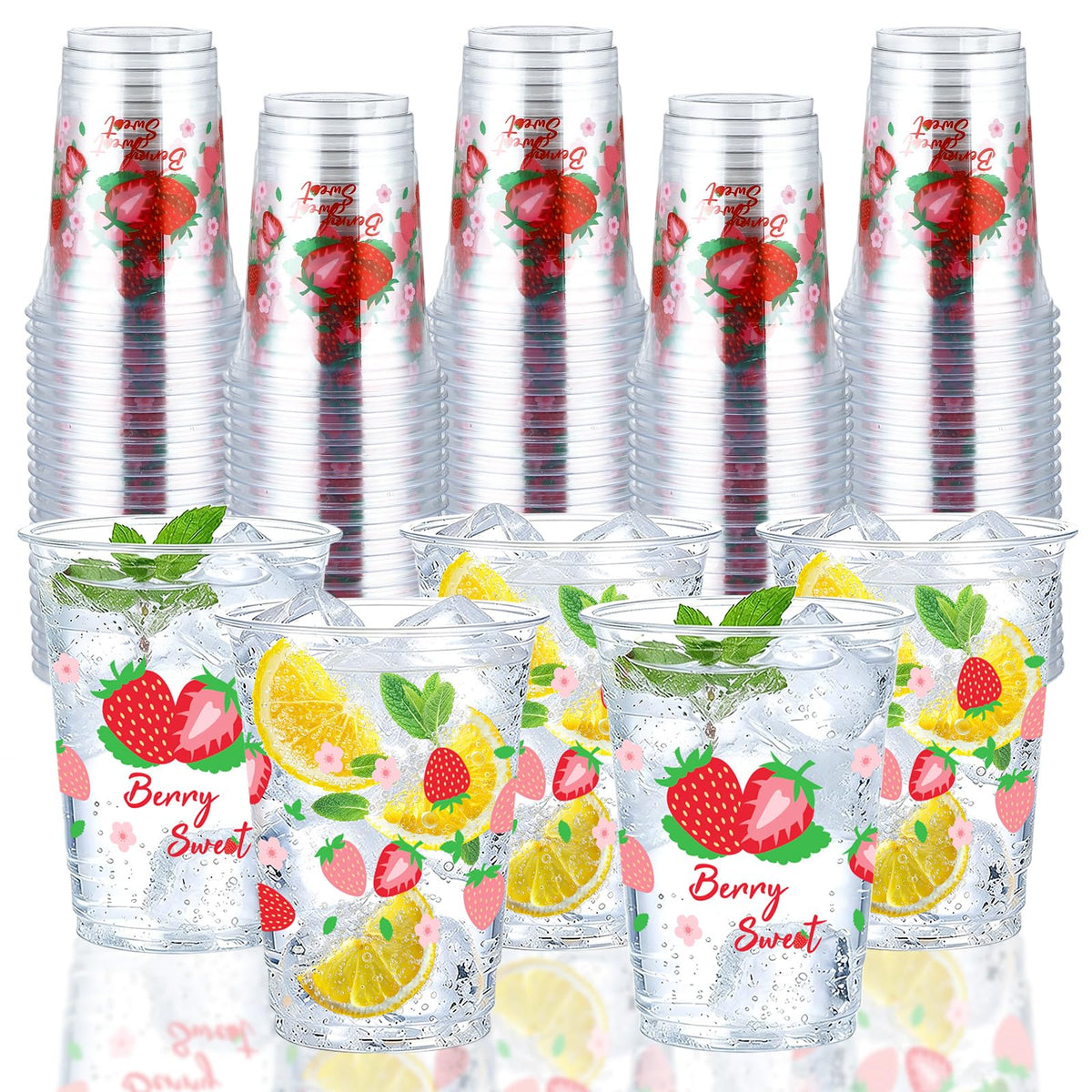 100 Pcs 16 oz Strawberry Plastic Cups - Grencian