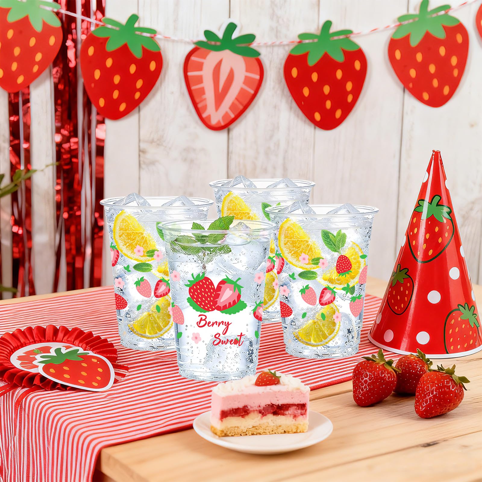 100 Pcs 16 oz Strawberry Plastic Cups - Grencian
