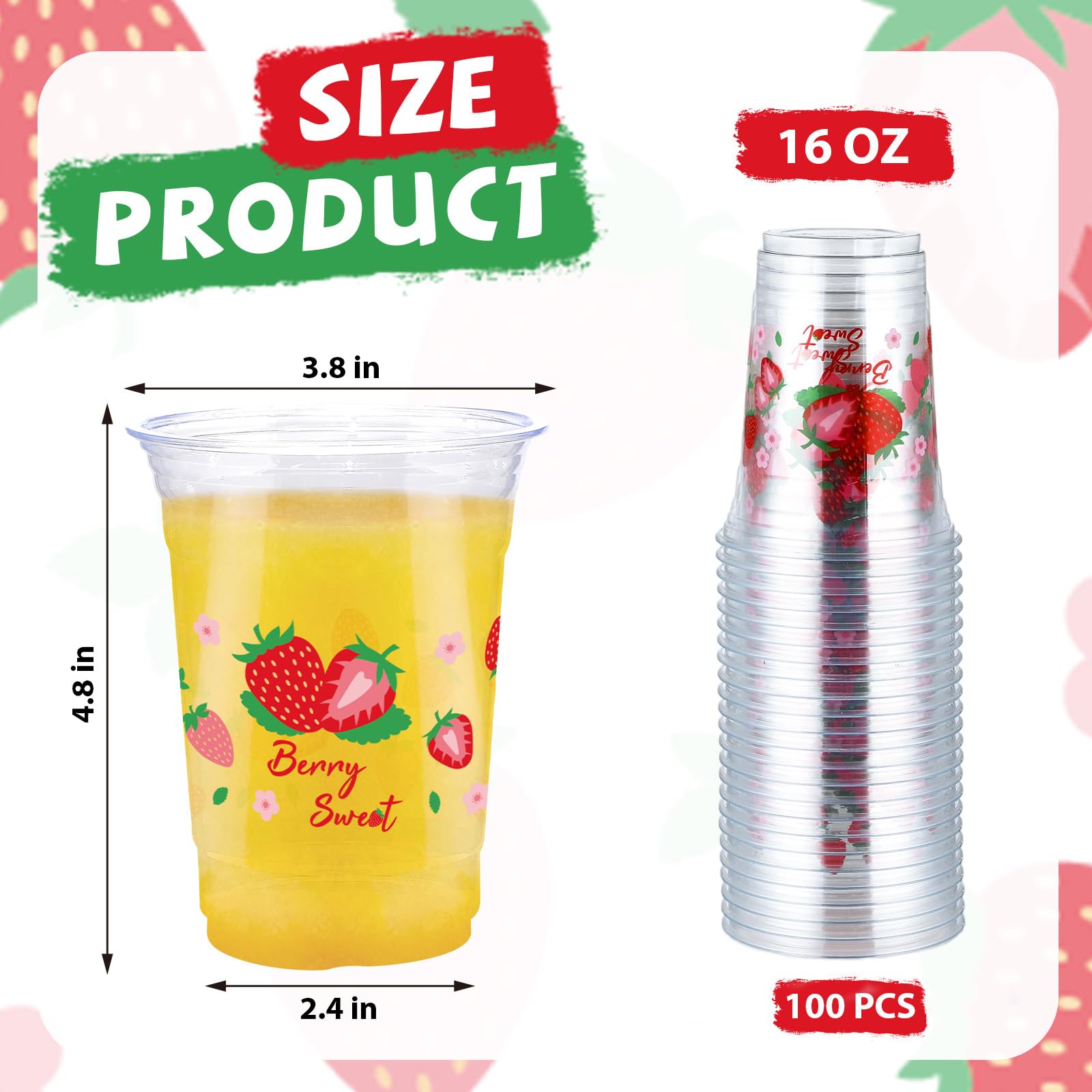 100 Pcs 16 oz Strawberry Plastic Cups - Grencian