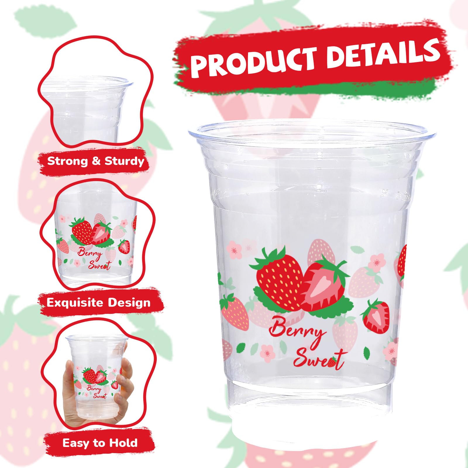 100 Pcs 16 oz Strawberry Plastic Cups - Grencian